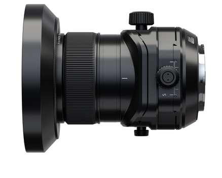 Tilt-shift perspective control lens with large front element and manual focus ring, shown in side profile.