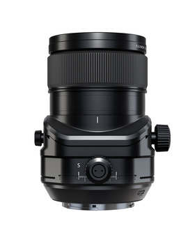 Black tilt-shift lens with focus ring and adjustment controls mounted on white background.