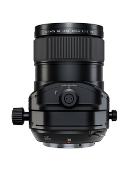 Black tilt-shift lens with focus ring and adjustment mechanisms mounted vertically against white background.