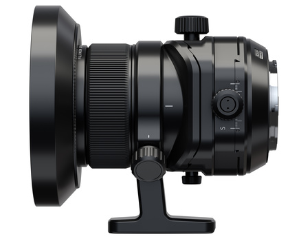 Tilt-shift perspective control lens with large front element and tripod collar mounted on stand.