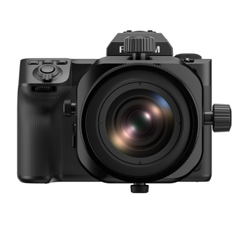 Black mirrorless camera with wide-angle lens and top-mounted flash unit, shown from front-left angle.