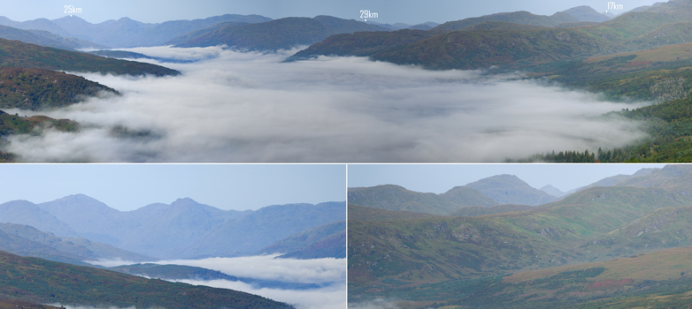 Mountain valley filled with fog and low clouds at dawn, with forested peaks visible above the mist layer.