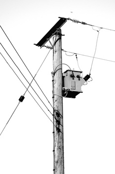 Wooden utility pole with transformer box and criss-crossing power lines against white sky.