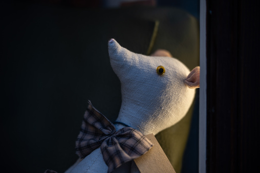 White decorative duck figurine with blue plaid bow tie against dark background.