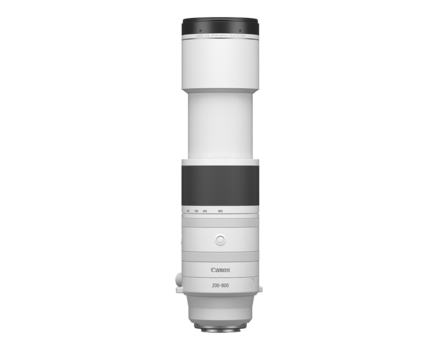 Canon RF 100-500mm telephoto zoom lens with white barrel and black control band.
