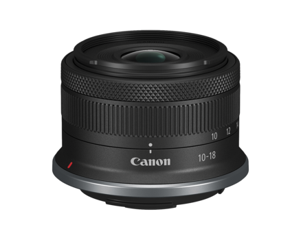 Canon RF 10-18mm f/4.5-6.3 IS STM lens shown from front against white background.