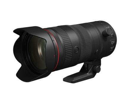 Black telephoto lens with red accent stripe and lens hood attached.