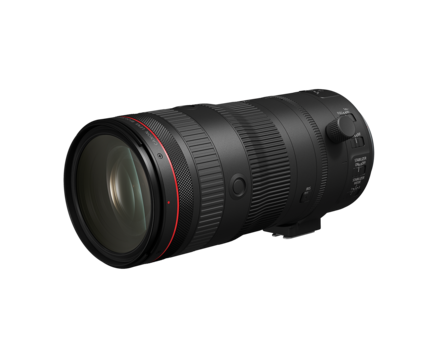 Telephoto zoom lens with red accent ring and control buttons on barrel.
