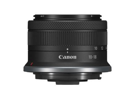 Canon RF 10-18mm f/4.5-6.3 IS STM wide-angle zoom lens on white background.