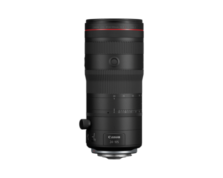 Canon RF mount telephoto lens with black barrel and red accent ring, shown against white background.