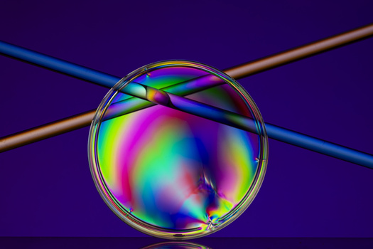 Soap bubble with rainbow iridescent colors suspended between two crossed rods against a deep purple background.
