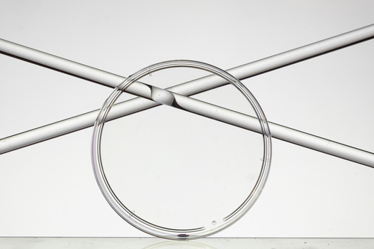 Clear glass circle with two thin metal rods crossing through it against a neutral background.