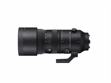 Black telephoto lens with focus ring and control switches, shown in profile against white background.