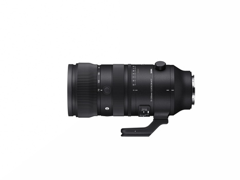 Black telephoto lens with focus ring and tripod collar mount, shown in profile against white background.
