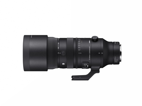 Black telephoto lens with extending barrel and tripod collar mount, shown in profile.