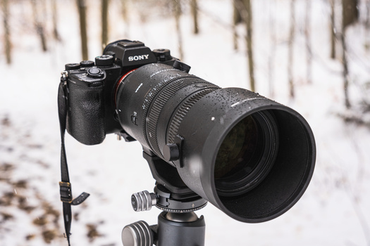 Sony mirrorless camera with telephoto lens mounted on tripod in snowy forest setting.