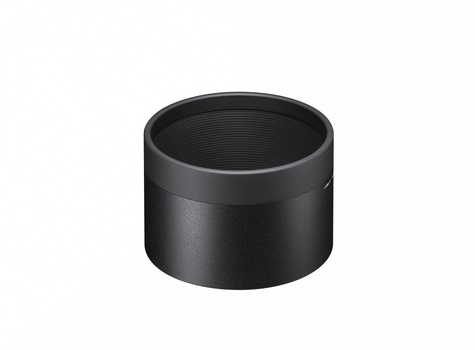 Black cylindrical lens hood with threaded interior, shown in three-quarter view against white background.