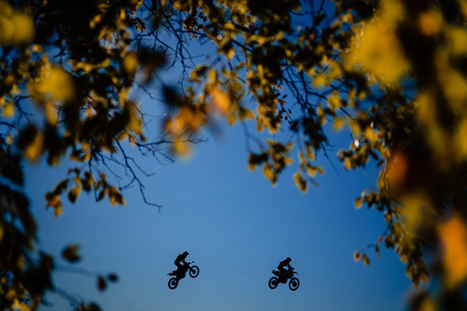 Two motocross riders airborne against a clear blue sky, framed by golden autumn foliage.