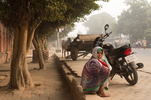 Woman in traditional dress crouches beside a motorcycle on a dusty street lined with large trees.