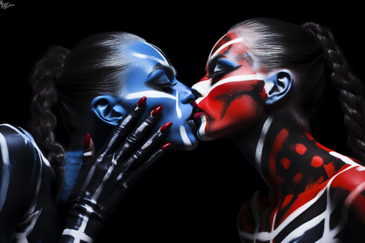Two figures with geometric face paint in blue and red tones facing each other against a black background.
