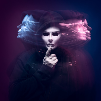 Digital portrait of a person with closed eyes in contemplative pose, surrounded by abstract blue and pink light trails.