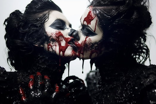 Two figures with dramatic black and white makeup and fake blood kiss against a white background.