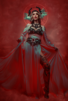 Woman in elaborate red gown with ornate headdress and body art poses against crimson background.