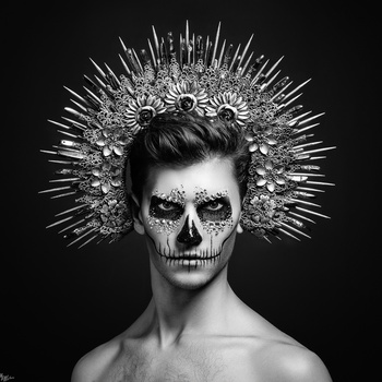 Portrait with skull makeup and ornate radiating headdress against black background.