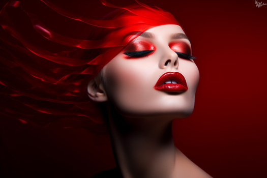 Woman's face in profile with bold red makeup and flowing red hair against a deep red background.