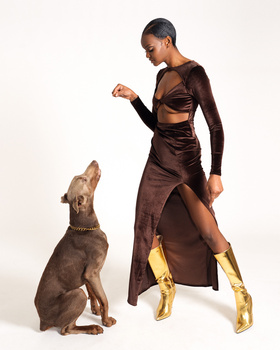 Woman in brown crop top and asymmetrical skirt with gold boots poses next to sitting dog against white background.