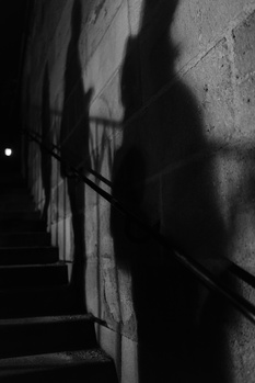 Shadow of a person cast on concrete steps and wall in stark black and white.