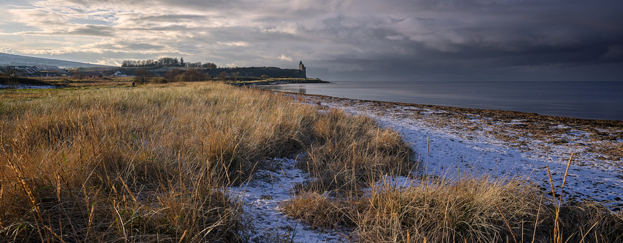 Coastal marshland with golden grasses, shallow water channels, and distant hills under dramatic cloudy sky.