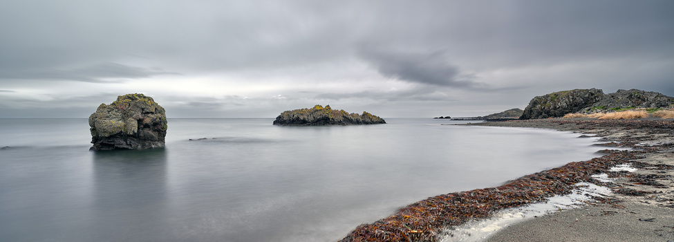 Rocky islands and kelp-lined shore under overcast sky in a moody seascape.