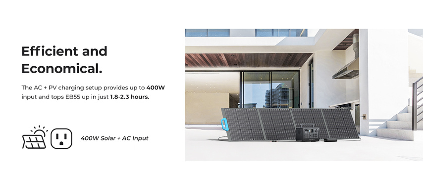 Solar panels and portable power station displayed in a modern home interior with large windows and wooden ceiling details.
