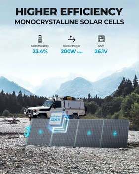 Monocrystalline solar panel mounted on a vehicle in a mountainous landscape showing efficiency specifications.