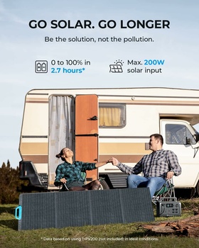 Two people sitting outside an RV with solar panel specifications displayed above.