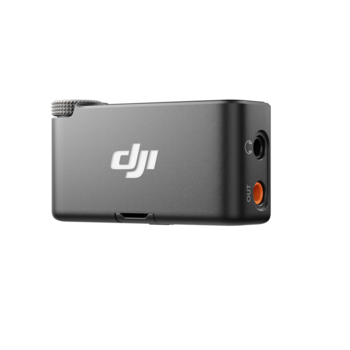 DJI Mic transmitter unit with gray body, white logo, and orange battery indicator button.