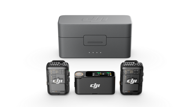 DJI wireless microphone system with charging case and two transmitter units displayed.