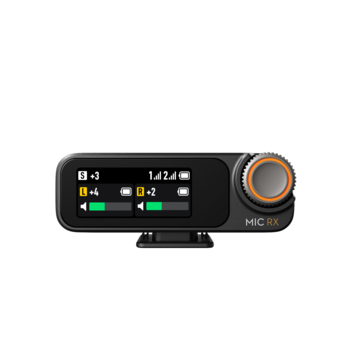 Wireless microphone interface with small display screen and orange rotary knob on right side.
