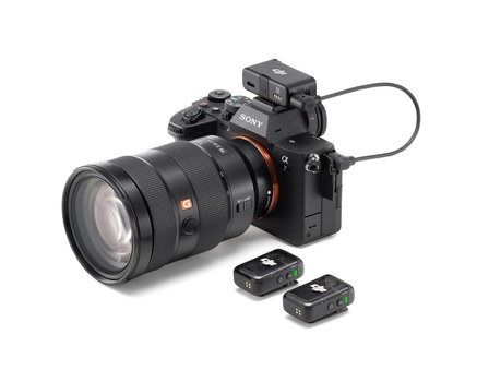 Sony mirrorless camera with telephoto lens, wireless microphone transmitter, and two battery packs arranged on white background.