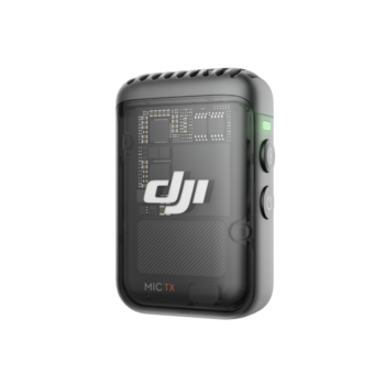 DJI Mic TX transmitter unit with textured black finish and control buttons visible.