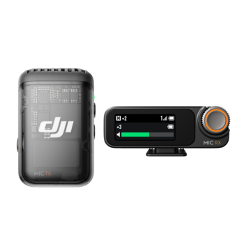 DJI Mic wireless microphone system with transmitter and receiver units displayed side by side.