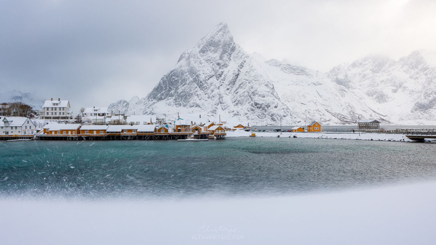Snow-covered mountain peak rising above a coastal harbor with fishing vessels and yellow buildings along the waterfront.