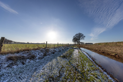 Rural landscape with a flooded drainage ditch running between frost-covered fields under clear skies.