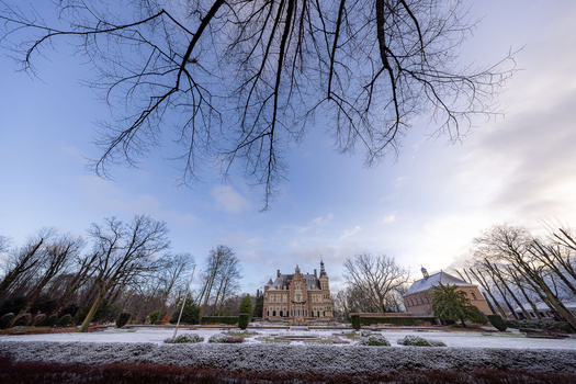 Ornate castle reflected in a partially frozen river, framed by bare winter trees.