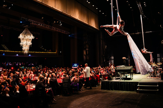 Aerial silks performer suspended above a stage during an evening event with chandelier and seated audience below.