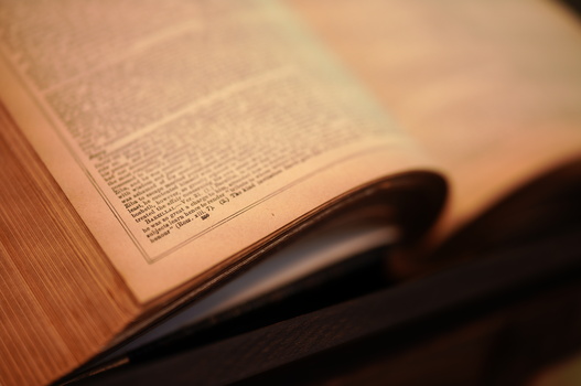 Open book with pages casting shadows on a wooden surface under warm, directional light.