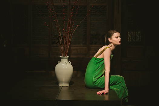 Woman in green dress sitting beside white ceramic vase with dried branches in dark interior.