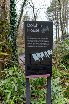 Historical interpretive sign for Dolphin House mounted on wooden posts among overgrown vegetation.