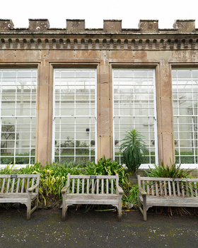 Classical stone building facade with tall windows and white wooden benches with potted plants in foreground.